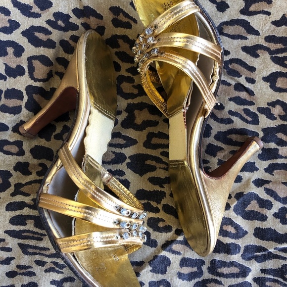VTG 1950s Rhinestone Studded Gold Springolators High Heel Mules US 5 - Picture 3 of 9